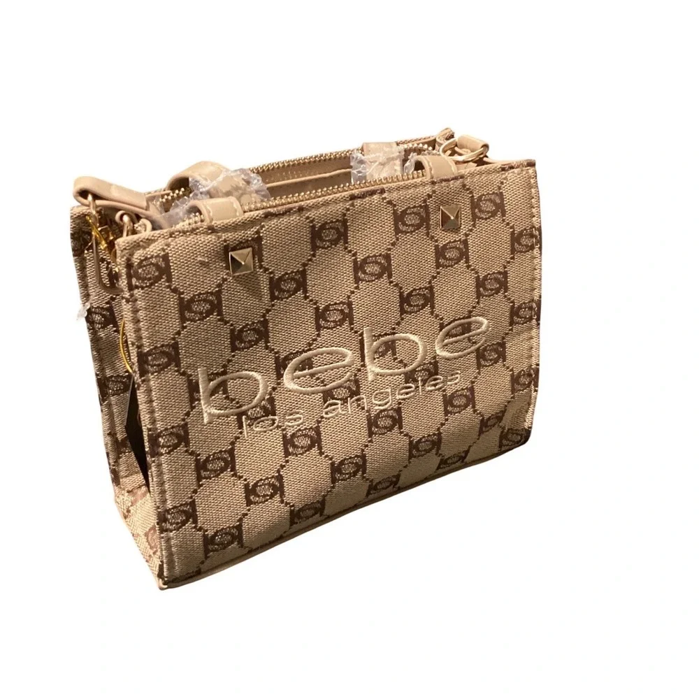Bebe Los Angeles beige Talulla mini satchel.  Brown Monogram‎ Logo